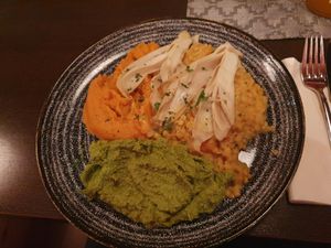 Hummus, lentils and sweet potato dish at Wulflamstuben in Stralsund