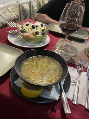 Veggie soup, village salad at Zonja Gjene in Berat