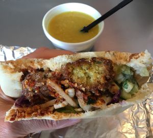 Falafel pita sandwich with lentil soup. A favorite lunch of mine. at Naf Naf Grill in Eden Prairie