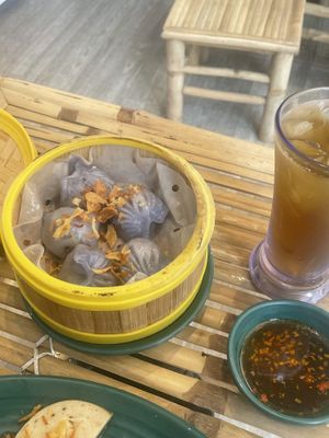 Há cáo hâp (steamed purple dumplings with mushroom and peas filling)  at Nướng & Lẩu Pure Vegan by Lam in Ho Chi Minh City