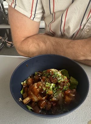 Majado sundae with mango bbq sauce, veggies, and vegan cojito  at Ké Local in San Juan