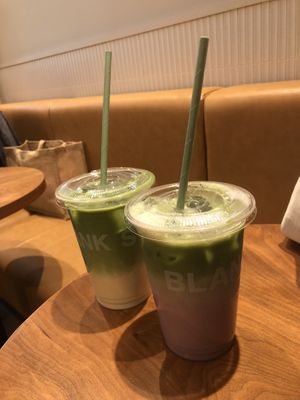 White chocolate oat matcha (veggie) & Blueberry oat matcha (vegan), both £4.4.  at Blank Street Coffee - Ludgate Circus in London