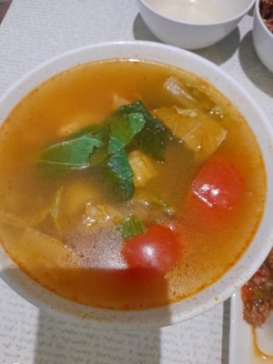 Tom yum soup at Vegetarian Express Cafe in Northeast Singapore