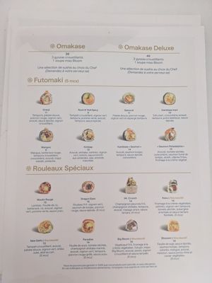 Menu at Bloom Sushi Botanique in Quebec