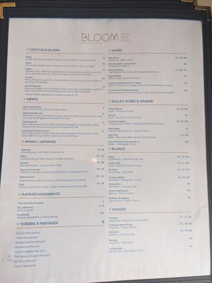 Menu at Bloom Sushi Botanique in Quebec
