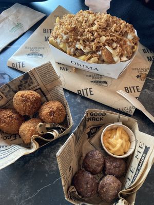 Croquettes, meatballs and Julien fries  at OhMA Gent in Ghent