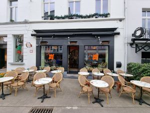 Front and large outdoor seating at OhMA Gent in Ghent