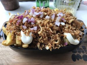 belgian fries with loads of fried onion !!  at OhMA Gent in Ghent