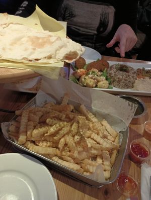 Zatar fries, pita, and vegan mezza at Nicholas Restaurant - NE Broadway in Portland