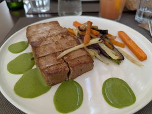 Tofu with vegetables at Piazza Grande in Locarno
