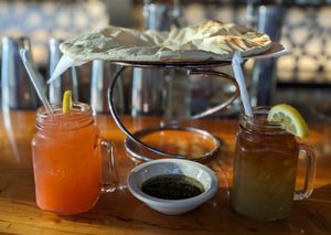 Strawberry Lemonade, pita, and Arnold Palmer at Nicholas Restaurant in Portland