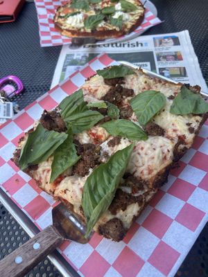Detroit style pizza with spaceballs and basil😄 at Corner Slice in Decatur