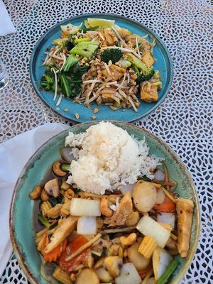pad thai with tofu (top), and a vegan special of the day (bottom) at Baan Thai Bistro in Indianapolis