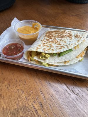 Breakfast quesadilla with salsa and house-made queso  at Brunch Box in Springfield