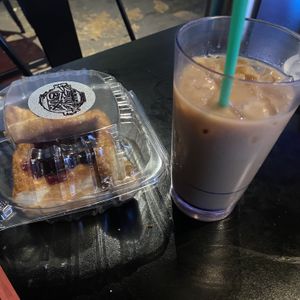 Blackberry pastry with iced latte   at Brunch Box in Springfield