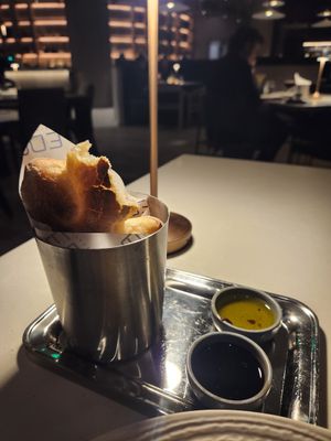 Bread with olive oil and balsamic vinegar at EDGE in Denver