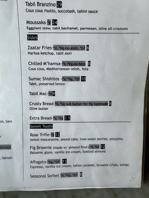 Sides and Dessert Menu  at Barsha in Hermosa Beach