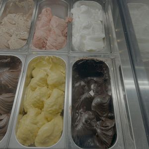 vegan gelato flavors: strawberry, lemon, passion fruit, and dark chocolate   at Figaro Dessert Cafe in San Diego