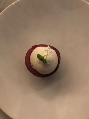 Amuse Bouche… some kind of potato with truffle "cheese” filling  at Inn of the Seventh Ray in Topanga