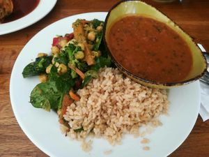 Lentil curry, brown rice and pesto salad at Vege Rama - Adelaide St in Brisbane