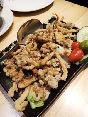 Crispy oyster mushrooms with sesame dressing. Vegan, with no eggs or dairy in batter. at Beyond Veggie by Secret Recipe in Petaling Jaya