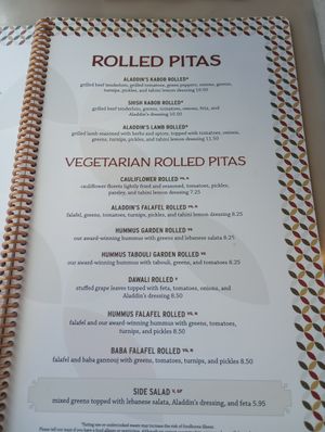 Wraps menu, VG denotes Vegan, as of Jan 11 2024 #Veganuary at Aladdin's Eatery in West Chester