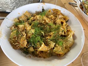 Saffron tagliatelle with fennell  at Vegan Academy in Amsterdam