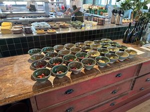 Soup prep bowl at kitchen   at The Second Story at Little Saint in Healdsburg