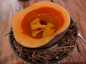 Delicious broth in a fresh gourd at The Second Story at Little Saint in Healdsburg