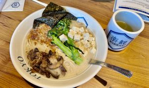  Vegan Quartz ramen & green teaa  at Rakkan Ramen in Dallas