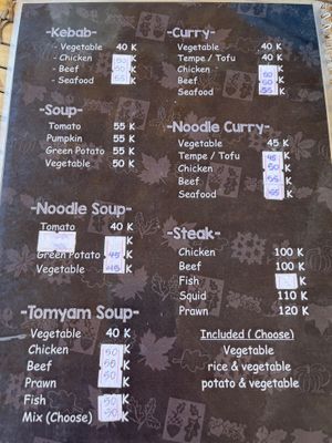 One page of the menu (more on the other pages)  at Bintang Beach Café in 