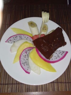chocolate with coco bean and fruit at L'Elephant Vert in Luang Prabang