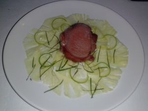 roselle sorbet with pineapple slices at L'Elephant Vert in Luang Prabang