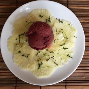 dessert- sorbet with pineapple at L'Elephant Vert in Luang Prabang