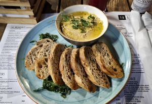 Hummus with roasted baguette bread at Za Druga in Belgrade