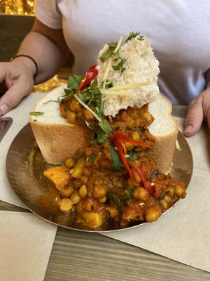 Holy Cow - spicy chickpeas in a loaf. So good    at Mowgli in Edinburgh