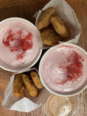 Strawberry shakes, tenders, sauce  at Next Level Clucker - Hawthorne in Portland