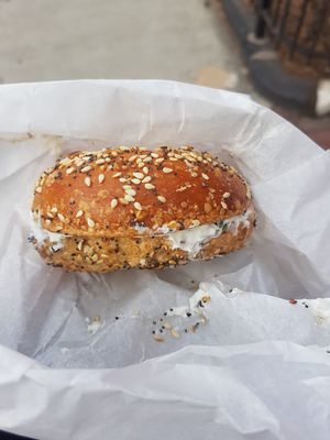 Tofu diablo everything bagel at Pavement Coffeehouse - Newbury in Boston