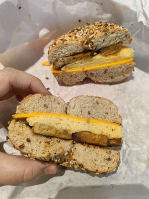 Sunrise bagel with tempeh, just egg and cheese. Vegan. at Pavement Coffeehouse - Newbury in Boston
