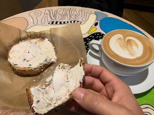 Delicious! Tufu cream cheese everything bagel with almond milk moca latte at Pavement Coffeehouse - Newbury in Boston