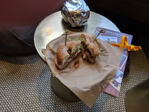 Vegan Tequila Breakfast Sandwich: marinated tofu, sprouts, salsa, avocado on multigrain bagel at Pavement Coffeehouse - Newbury in Boston