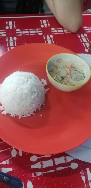 Fried chicken in curry sauce, 85 baht, yummy!! But small portion at Nong J - ร้านน้องเจ in Phuket