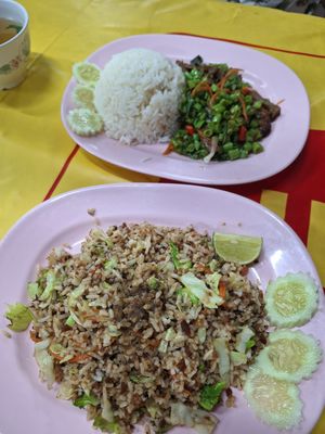 Fried Duck and sweet basil with rice (#2) and Fried Rice with salted fish (#14) at Nong J - ร้านน้องเจ in Phuket