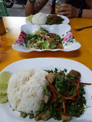 Rice with veggies, mock meat and salad at Nong J - ร้านน้องเจ in Phuket