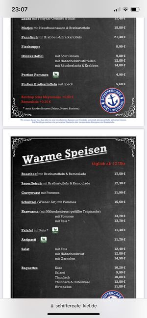 Speisekarte mit veganen Optionen   at Schiffercafe Kiel in Kiel