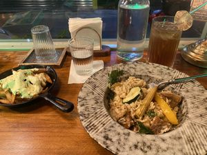 Yamaboshitake risotto, cheese volcano fries and wintermellon cooler  at Chilldren - 小孩吃素(新美店) in Tainan