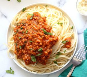 This one of my signature dishes, and packed with protein. The "meaty" aspect of the bolognese comes from red lentils that come undone when cooked, and the sauce is enriched with red wine, mushrooms, onions, garlic and herbs. at Fairy Tail - home-based meals & catering in Copenhagen