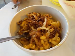Mac and cheese (crispy onions on top)  at Hey Sunshine Kitchen in Culver City