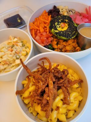 Crusted avocado bowl with 2 sides potato salad and mac n cheese at Hey Sunshine Kitchen in Culver City