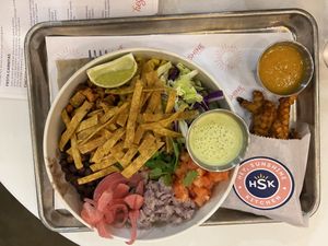 Jackfruit Carnitas Bowl & Sweet Potato Fries  at Hey Sunshine Kitchen in Culver City